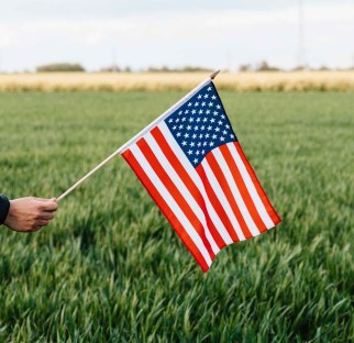 crop faceless person showing american flag on field in daytime